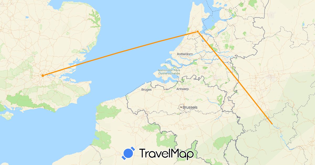 TravelMap itinerary: driving, hitchhiking in Germany, United Kingdom, Netherlands (Europe)